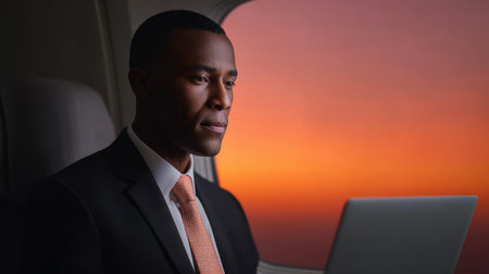 A focused businessman in a suit works on his laptop while seated inside an airplane, enjoying a colorful sunset through the window.の素材