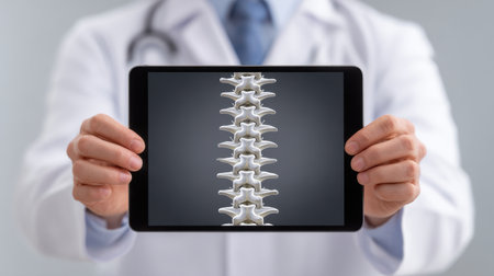 A healthcare professional displays a tablet showcasing a detailed 3D model of the spinal anatomy. The image highlights technology in medical practice.の素材