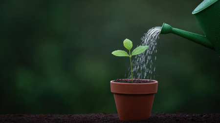 A delicate green plant emerges from a small pot as it receives a gentle stream of water from a watering can, symbolizing growth and care in nature.の素材