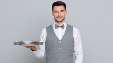 A cheerful male waiter wearing a gray vest and bow tie holds a silver tray, showcasing professionalism and readiness for service. He stands against a neutral background, embodying hospitality and confidence. Perfect for depicting service industry themes.の素材