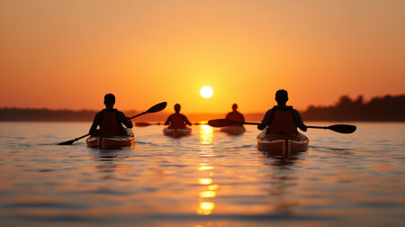 Experience the tranquility of a serene sunset on calm waters as silhouettes of adventurers paddle their kayaks, embracing the beauty of nature.の素材