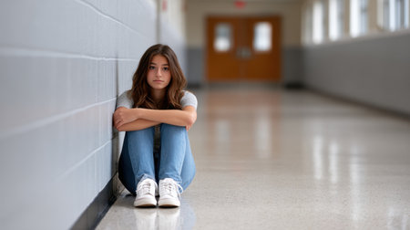 A teenage girl sits alone against a school hallway wall, her expression reflecting feelings of sadness and isolation. The soft natural light enhances the atmosphere of quiet contemplation.の素材