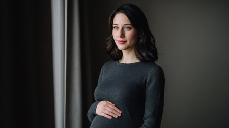 A captivating portrait of an expecting mother standing by a window, exuding tranquility and warmth, capturing the beauty and anticipation of motherhood.の素材