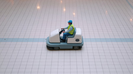 A worker in a safety vest uses a floor cleaning machine in a spacious shopping mall. The bright tiles highlight the importance of cleanliness and maintenance.の素材