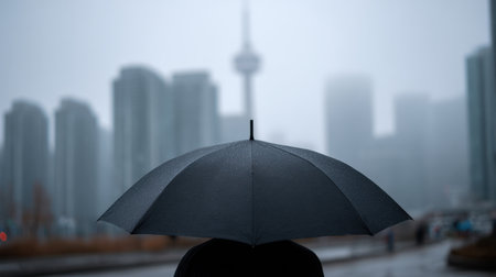 A person stands with a black umbrella in a foggy cityscape, where skyscrapers fade into mist. The scene captures a sense of solitude and tranquility in rainy weather.の素材