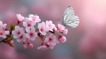 A serene and delicate scene featuring a white butterfly resting on blooming cherry blossoms, set against a soft pastel background that captures the essence of spring.の素材