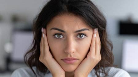 A young woman portrays frustration and anxiety in a contemporary office space, resting her hands on her face, expressing deep contemplation and emotional tension.の素材