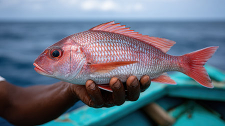 A vibrant red snapper fish displayed in a hand, captured in tropical waters. The image highlights the beauty of marine life and fishing culture.の素材