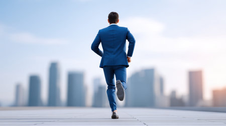 A determined businessman runs energetically towards success, set against a stunning urban skyline, symbolizing ambition and forward movement in his career.の素材