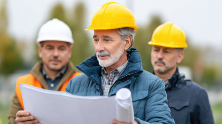 A senior architect analyzes detailed construction plans with two workers at an outdoor site, showcasing teamwork and leadership in project management.の素材