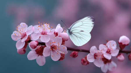 A stunning white butterfly rests gently on enchanting pink cherry blossom flowers, creating a serene and harmonious natural scene full of elegance.の素材