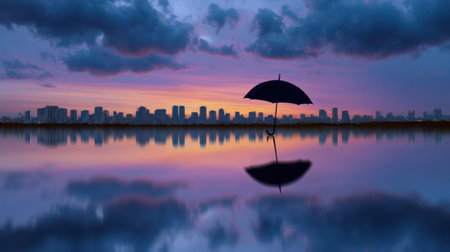 A solitary umbrella stands on a reflective surface, creating a serene and tranquil scene against a vibrant city skyline at dusk. The colorful sky and clouds enhance the peaceful atmosphere, inviting contemplation and inspiration.の素材