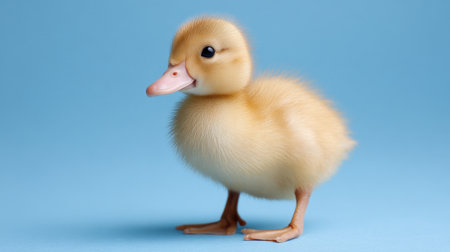 A charming and fluffy duckling stands against a soft blue backdrop, showcasing its adorable features. This image embodies the joy and innocence of young wildlife, perfect for evoking warmth and happiness.の素材