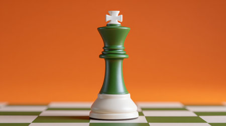 A striking green chess king piece stands prominently on a classic checkerboard with an orange background, symbolizing strategy and competition.の素材