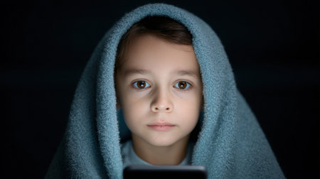 A young child wrapped in a soft blanket gazes intently at a smartphone screen in a dimly lit room, showcasing the blend of comfort and technology in modern life.の素材