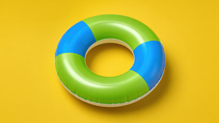 Bright and playful circular pool float features vibrant sections of green and blue, set against a cheerful yellow background, perfect for summer fun.の素材