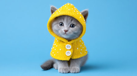 This charming gray kitten dressed in a bright yellow hoodie brings joy and cuteness to any setting. With its expressive eyes and soft fur, this image captures the playful spirit of a young pet. Perfect for animal lovers.の素材