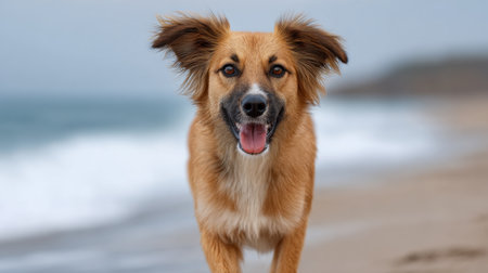 A joyful dog runs along the beach, showcasing its playful spirit against a backdrop of gentle ocean waves and cloudy skies. A perfect scene for pet lovers.の素材