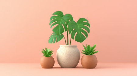 This image features a contemporary arrangement of indoor plants in stylish pots, set against a soft pastel pink background. Perfect for home decor inspiration.の素材