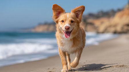 A joyful dog runs along a sandy beach, showcasing its playful spirit amidst gentle ocean waves and a stunning coastal backdrop. The vibrant scene captures the essence of freedom and happiness in nature.の素材