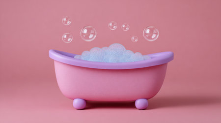 A charming pink toy bathtub filled with bubbles sits against a soft pink background, capturing the essence of playful bath time fun for children.の素材