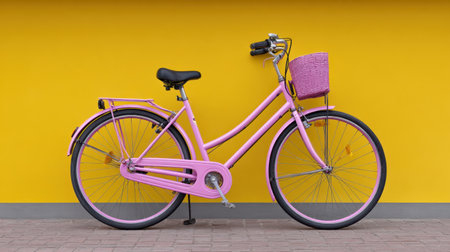 A charming pink bicycle stands against a vibrant yellow wall, creating a playful and cheerful atmosphere perfect for urban and lifestyle photography.の素材