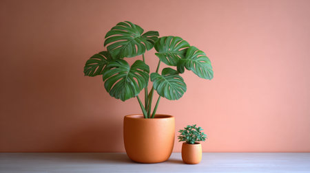 This image features beautiful indoor plants in vibrant orange pots, showcasing large green leaves and a complimentary smaller plant, creating a serene atmosphere.の素材