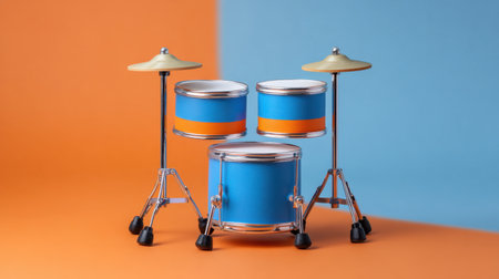 This vibrant miniature drum set features a cheerful combination of blue and orange colors, perfect for evoking joy and creativity in musical-themed projects.の素材