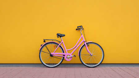 A vibrant pink bicycle leans against a striking yellow wall, creating a lively urban scene perfect for themes of fun, adventure, and lifestyle.の素材