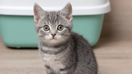 A charming gray tabby kitten sits attentively in front of a litter box, showcasing its big, expressive eyes and soft fur in a cozy home setting.の素材