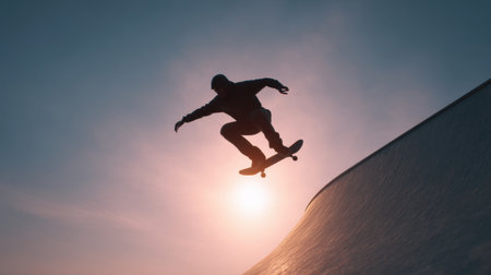 A skilled skateboarder leaps into the air performing a trick against a vibrant sunset backdrop. This dynamic moment captures the essence of youth, energy, and freedom in action sports.の素材