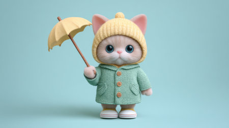 A charming cartoon cat character with a knit hat and an umbrella in soft pastel colors. Perfect for playful visuals, kids' themes, and cheerful designs.の素材