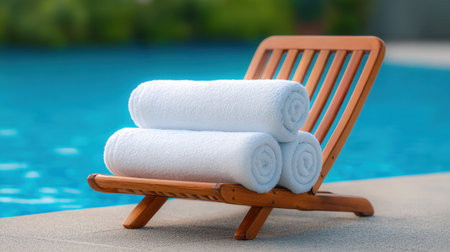 A serene poolside setting featuring a stack of fresh, white towels on a wooden chair. The calm blue water and bright sunlight enhance relaxation and comfort.の素材