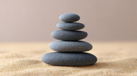 A carefully arranged stack of smooth black stones on soft sand creates a serene visual, perfect for themes of balance, tranquility, and wellness.の素材