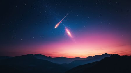 A mesmerizing view of the night sky filled with shooting stars illuminating a tranquil mountain landscape at dusk. Perfect for themes of exploration and nature.の素材