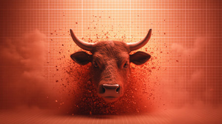Stunning 3D image of a bull's head breaking through an orange background, surrounded by clouds of dust. This piece exudes energy and strength, perfect for dramatic presentations.の素材