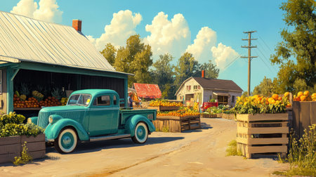 A picturesque scene featuring a vintage turquoise pickup truck parked beside a vibrant fruit stand. This idyllic rural setting captures the essence of farm life, perfect for nature lovers.の素材
