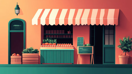 A charming market scene with vibrant colors showcases a storefront filled with fresh produce, inviting customers to enjoy healthy food options in a lively urban setting.の素材