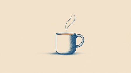 A simple hand-drawn illustration of a ceramic mug emitting steam, symbolizing comfort and warmth, ideal for projects about beverages and cozy atmospheres.の素材