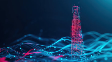 This image features an abstract depiction of a data tower surrounded by dynamic glowing waves, symbolizing technology and digital innovation in a modern landscape.の素材
