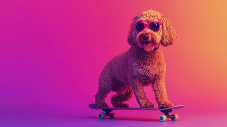 A charming dog wearing sunglasses confidently balances on a skateboard against a vibrant gradient background, capturing a joyful and playful moment in pet photography.の素材