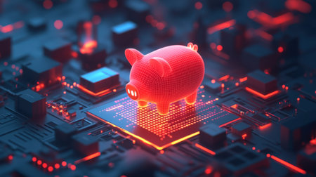 A striking digital piggy bank sits atop a circuit board, illuminated by vibrant neon lights, symbolizing modern finance and innovative savings strategies in technology.の素材