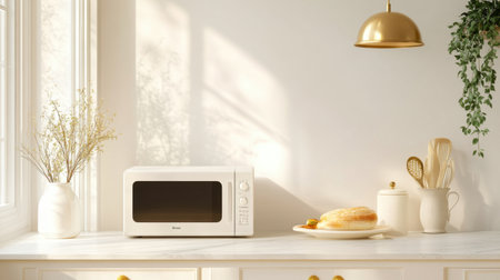 A bright and airy kitchen featuring a sleek white microwave, a golden pendant light, and a plate of fresh bread, creating a minimalist and welcoming atmosphere.の素材