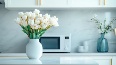 A stunning arrangement of fresh white tulips in a sleek ceramic vase sits atop a stylish kitchen countertop, showcasing modern appliances and a bright atmosphere.の素材
