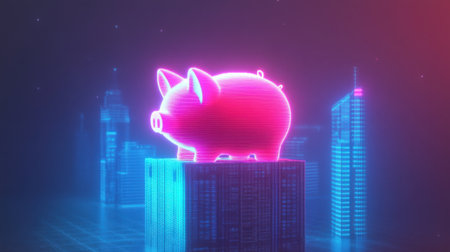A vibrant neon piggy bank stands majestically on a digital platform, surrounded by a futuristic city skyline, representing financial growth and modern savings concepts.の素材