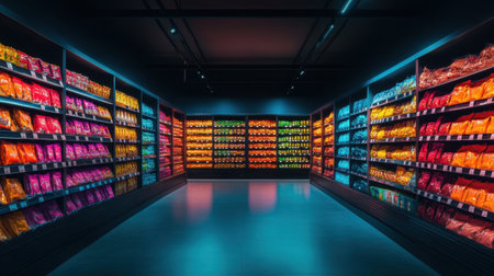 A stunning, vibrant aisle in a modern grocery store showcases a variety of colorful snack packages, illuminated by dynamic neon lighting, creating an enticing shopping experience.の素材