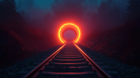 Mysterious and vibrant scene showcasing a glowing tunnel at the end of railway tracks, enveloped in fog. The enchanting orange light creates an atmospheric and surreal experience.の素材