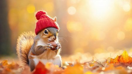 A delightful squirrel wearing a bright red knit hat enjoys an acorn surrounded by colorful autumn leaves. The warm sunlight creates a cozy, enchanting atmosphere.の素材