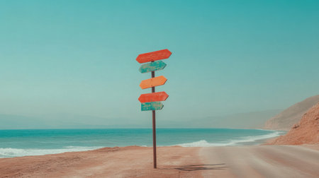 A vibrant signpost with multiple colorful arrows stands along a peaceful coastal road, offering a perfect guide to various destinations amid tranquil ocean views.の素材