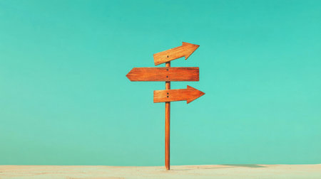 A wooden signpost featuring multiple arrows stands on a tranquil sandy beach under a bright blue sky, inviting thoughts of direction, journey, and exploration.の素材
